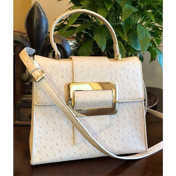 CROSSI NEW YORK - Ostrich-Embossed Vegan Convertible Crossbody/Satchel-Nude NWOT - Picture 2 of 16